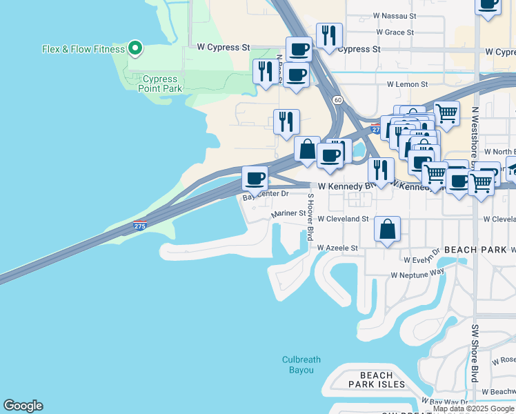 map of restaurants, bars, coffee shops, grocery stores, and more near 5430 Bay Center Drive in Tampa