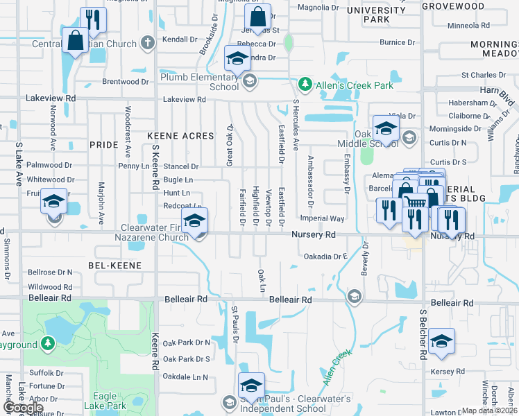 map of restaurants, bars, coffee shops, grocery stores, and more near 1468 Highfield Drive in Clearwater