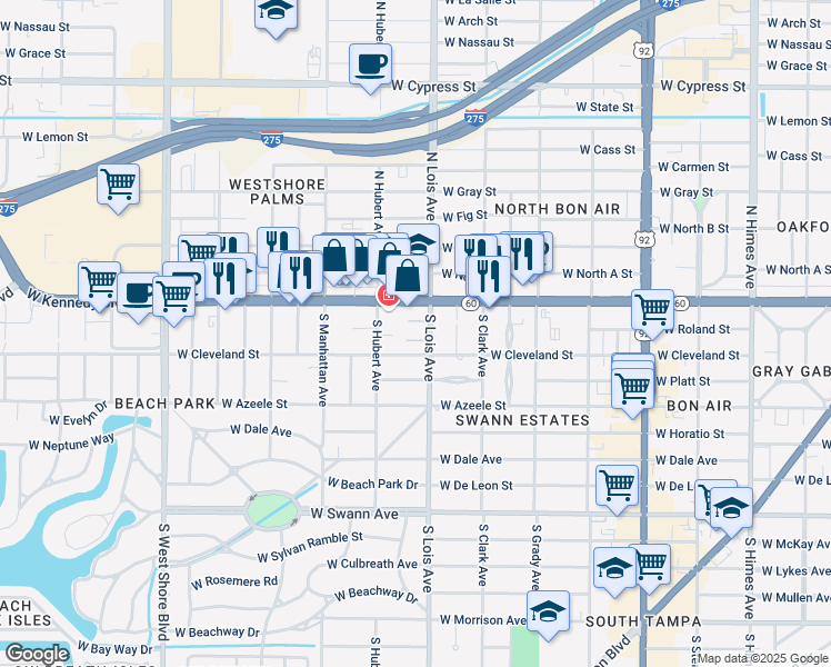 map of restaurants, bars, coffee shops, grocery stores, and more near 115 South Lois Avenue in Tampa