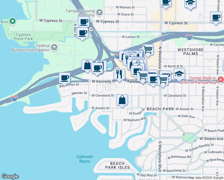 map of restaurants, bars, coffee shops, grocery stores, and more near 5214 Hampton Beach Place in Tampa