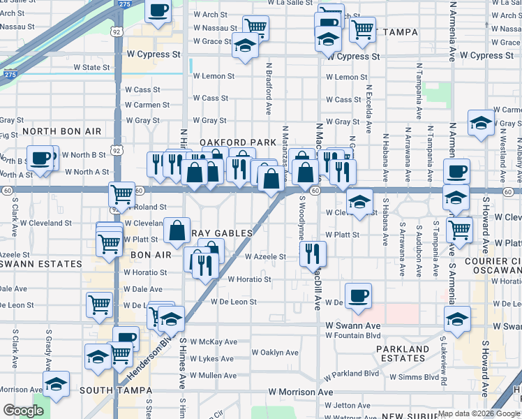 map of restaurants, bars, coffee shops, grocery stores, and more near 112 South Lincoln Avenue in Tampa