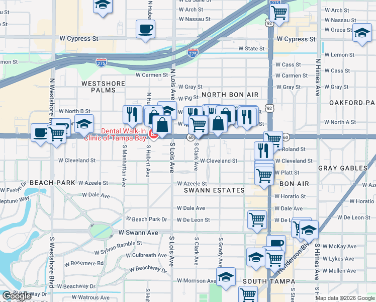 map of restaurants, bars, coffee shops, grocery stores, and more near 119 South Clark Avenue in Tampa