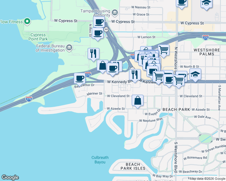 map of restaurants, bars, coffee shops, grocery stores, and more near 109 South Obrien Street in Tampa