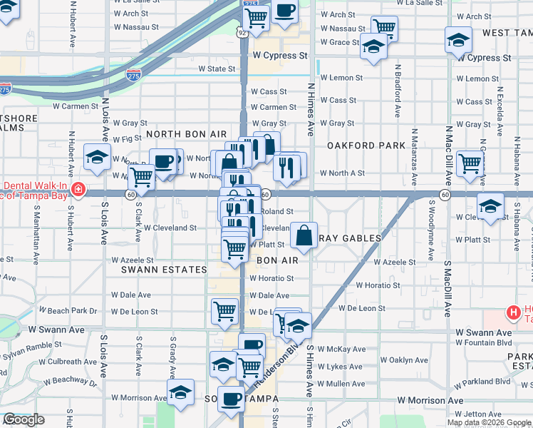map of restaurants, bars, coffee shops, grocery stores, and more near 3702 West Roland Street in Tampa
