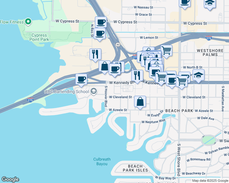 map of restaurants, bars, coffee shops, grocery stores, and more near 105 South Obrien Street in Tampa