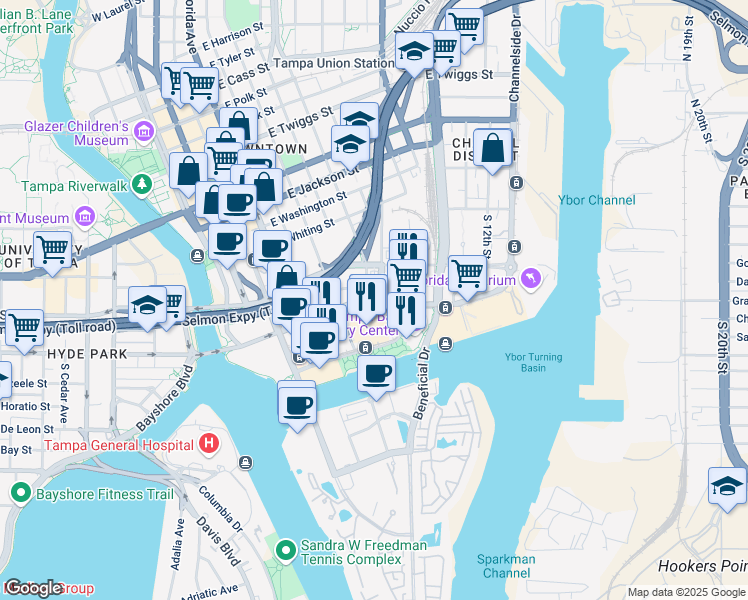 map of restaurants, bars, coffee shops, grocery stores, and more near 450 Channelside Drive in Tampa