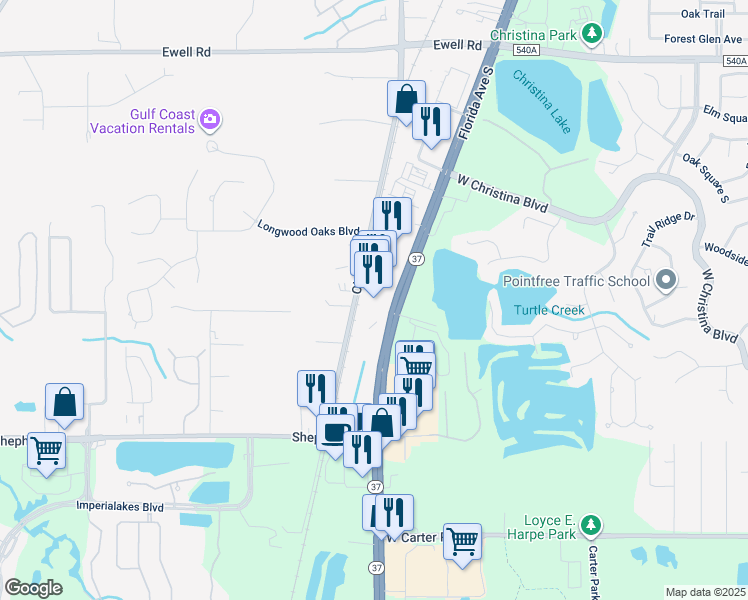 map of restaurants, bars, coffee shops, grocery stores, and more near 6665 Florida Avenue South in Lakeland