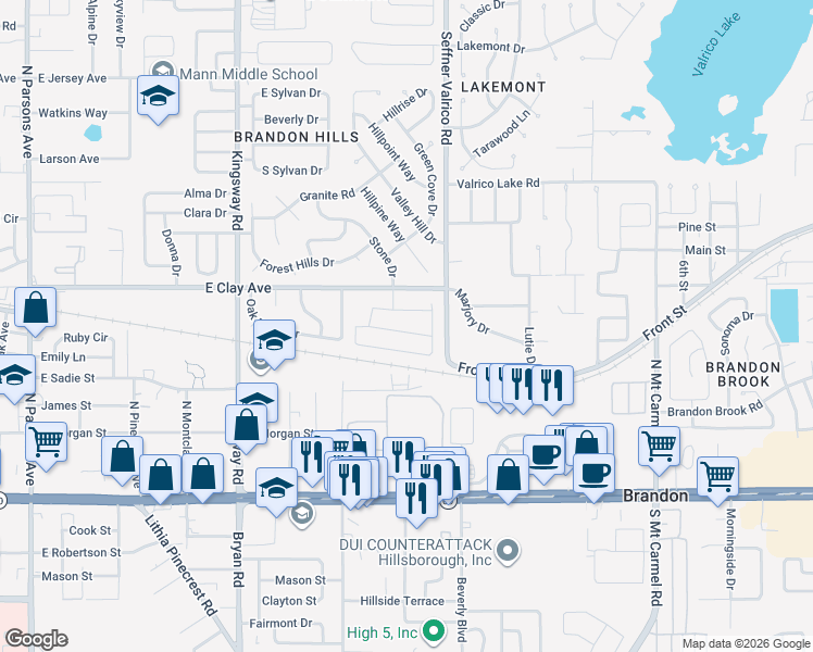 map of restaurants, bars, coffee shops, grocery stores, and more near 803 Benninger Drive in Brandon