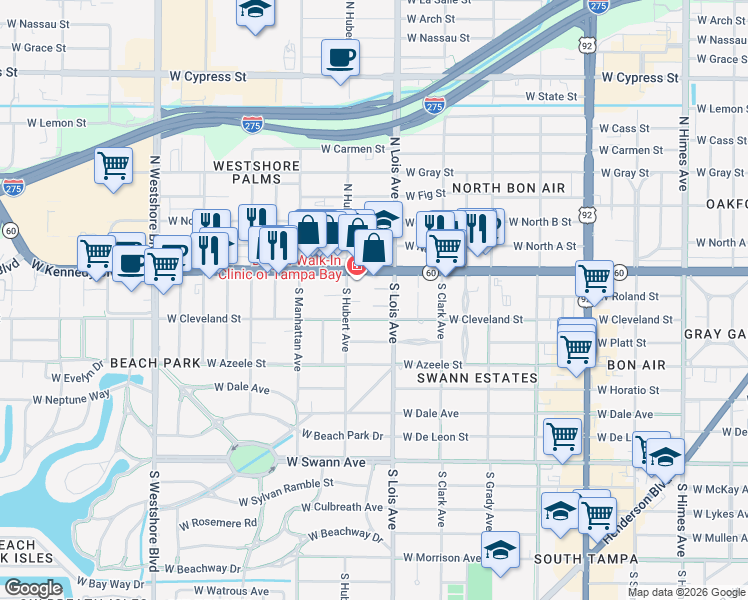 map of restaurants, bars, coffee shops, grocery stores, and more near 115 South Lois Avenue in Tampa