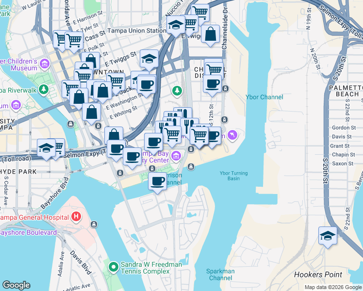 map of restaurants, bars, coffee shops, grocery stores, and more near 560 Channelside Drive in Tampa