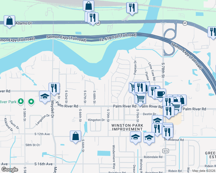 map of restaurants, bars, coffee shops, grocery stores, and more near 703 River Bay Drive in Tampa