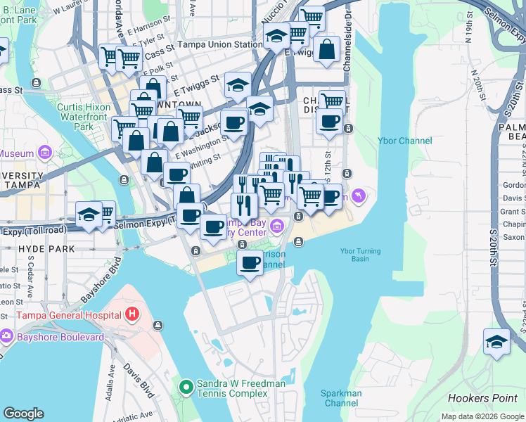 map of restaurants, bars, coffee shops, grocery stores, and more near 509-519 Channelside Drive in Tampa