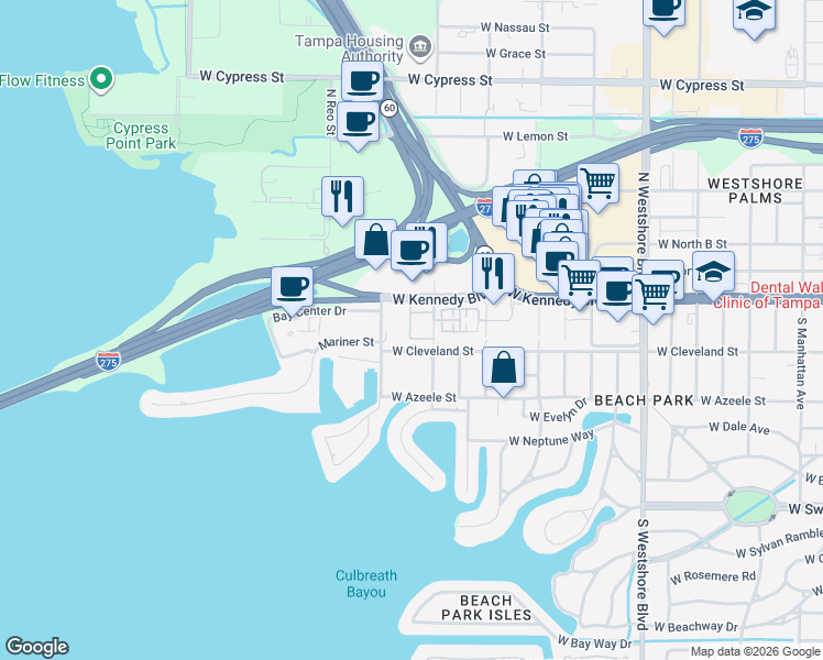 map of restaurants, bars, coffee shops, grocery stores, and more near 5306 West Kennedy Boulevard in Tampa