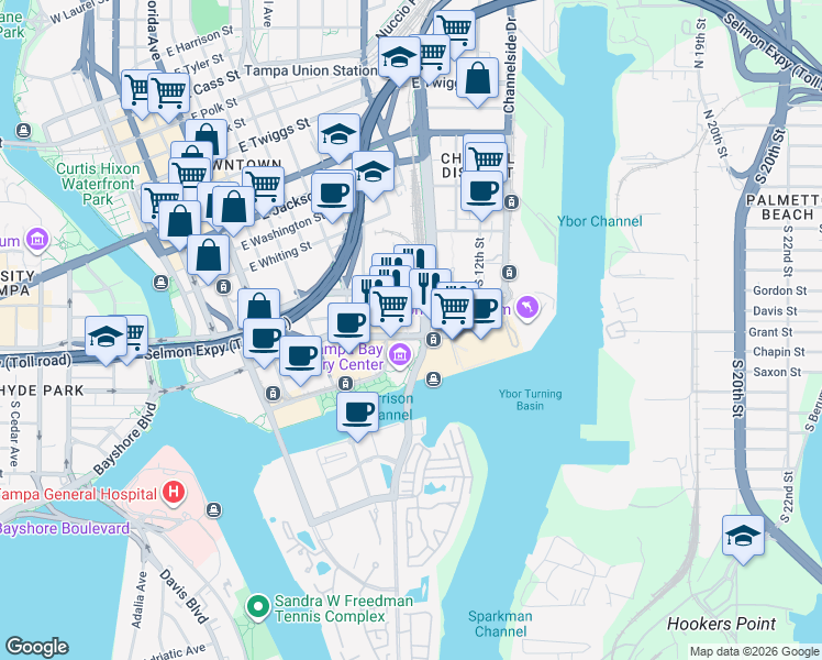 map of restaurants, bars, coffee shops, grocery stores, and more near 560 Channelside Drive in Tampa