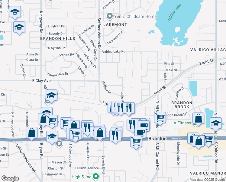 map of restaurants, bars, coffee shops, grocery stores, and more near 407 Marjory Drive in Valrico