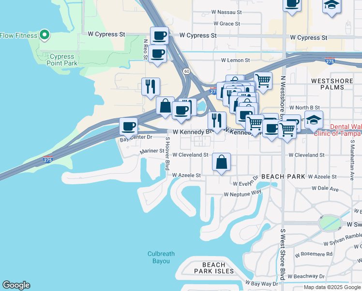 map of restaurants, bars, coffee shops, grocery stores, and more near 5306 West Kennedy Boulevard in Tampa