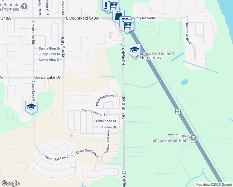 map of restaurants, bars, coffee shops, grocery stores, and more near 1918 Wind Meadows Drive in Bartow