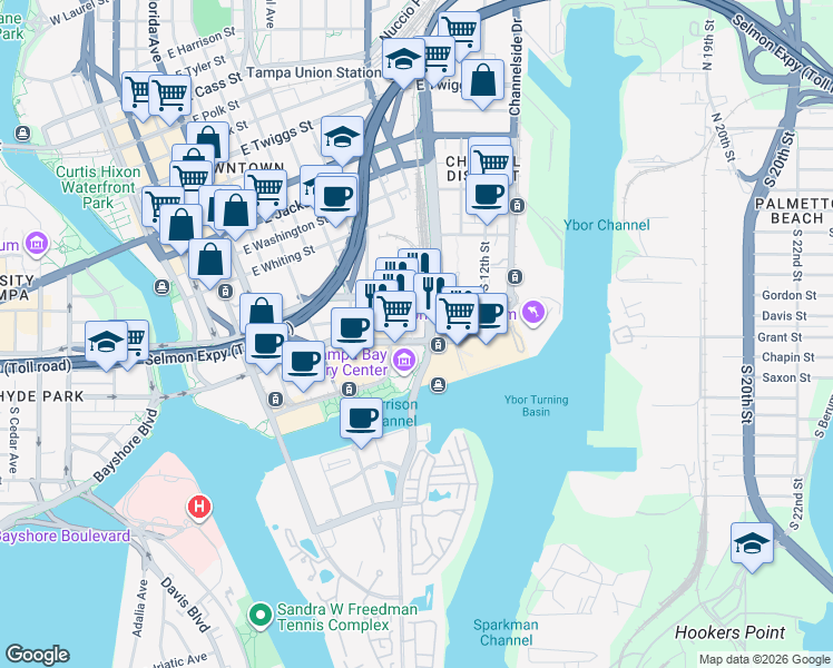 map of restaurants, bars, coffee shops, grocery stores, and more near 602 Channelside Drive in Tampa