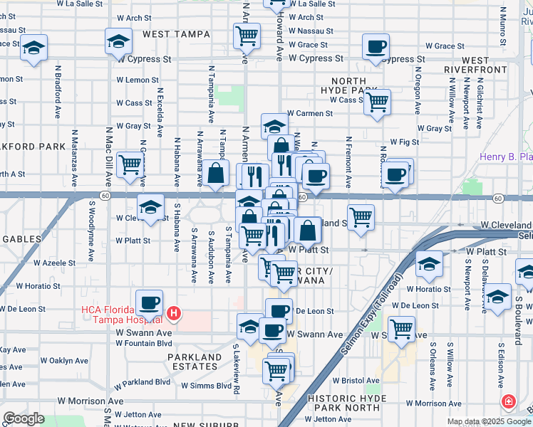 map of restaurants, bars, coffee shops, grocery stores, and more near 2307 West Cleveland Street in Tampa