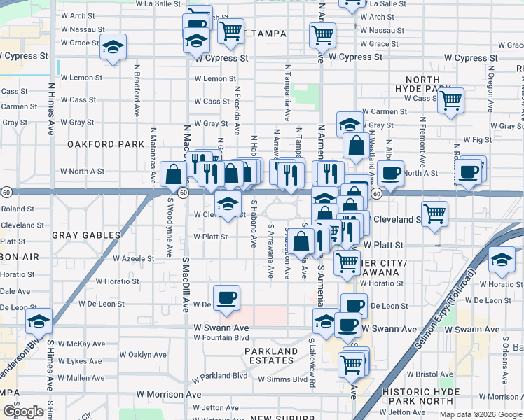 map of restaurants, bars, coffee shops, grocery stores, and more near 2611 West Cleveland Street in Tampa