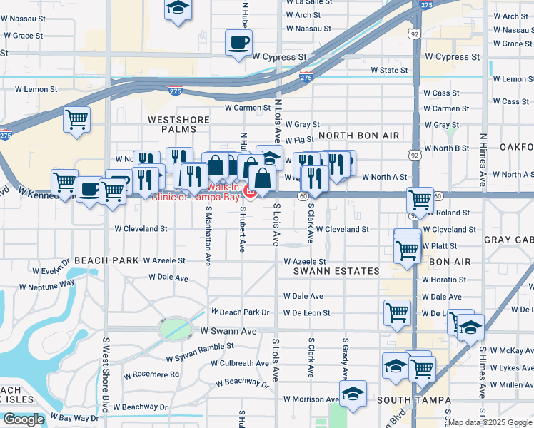 map of restaurants, bars, coffee shops, grocery stores, and more near 4211 West Cleveland Street in Tampa