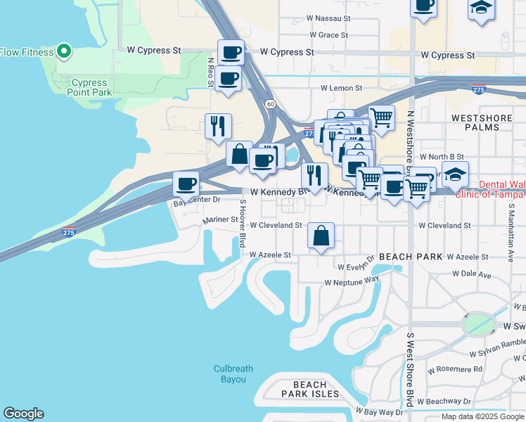 map of restaurants, bars, coffee shops, grocery stores, and more near 5306 West Kennedy Boulevard in Tampa