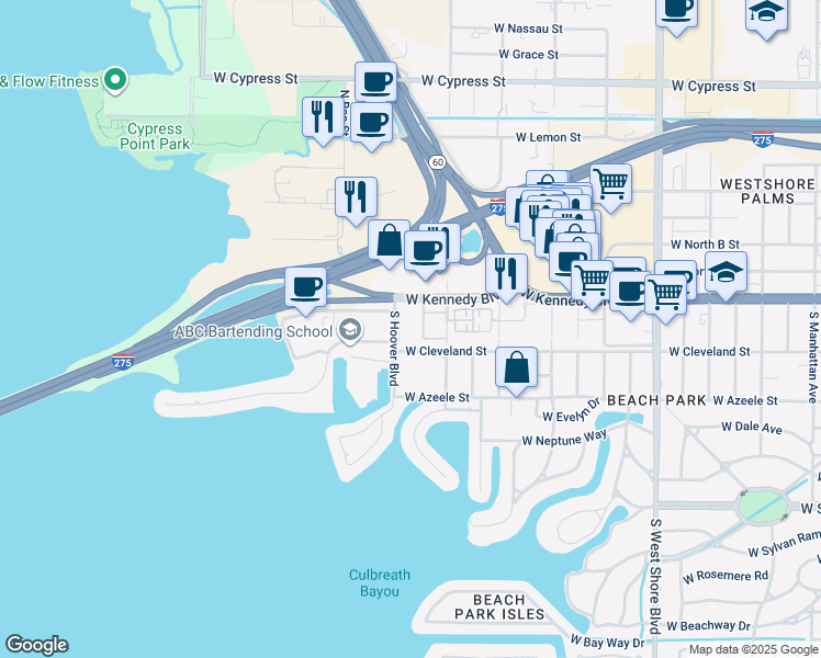 map of restaurants, bars, coffee shops, grocery stores, and more near 135 South Hoover Boulevard in Tampa