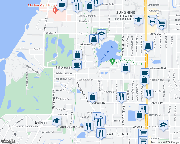 map of restaurants, bars, coffee shops, grocery stores, and more near 619 Wildwood Way in Clearwater
