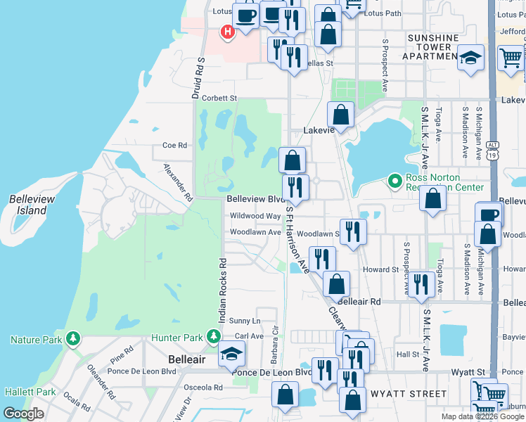 map of restaurants, bars, coffee shops, grocery stores, and more near 416 Wildwood Way in Belleair