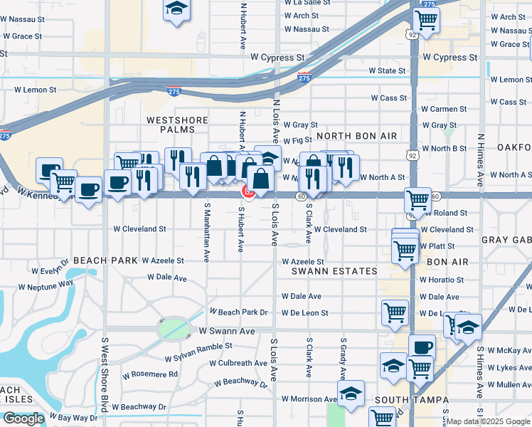 map of restaurants, bars, coffee shops, grocery stores, and more near 4211 West Cleveland Street in Tampa
