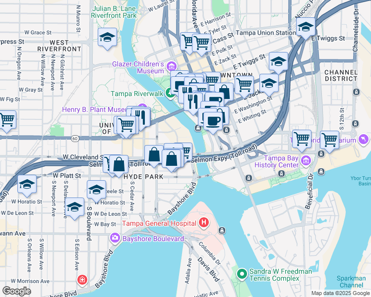 map of restaurants, bars, coffee shops, grocery stores, and more near 202 South Parker Street in Tampa