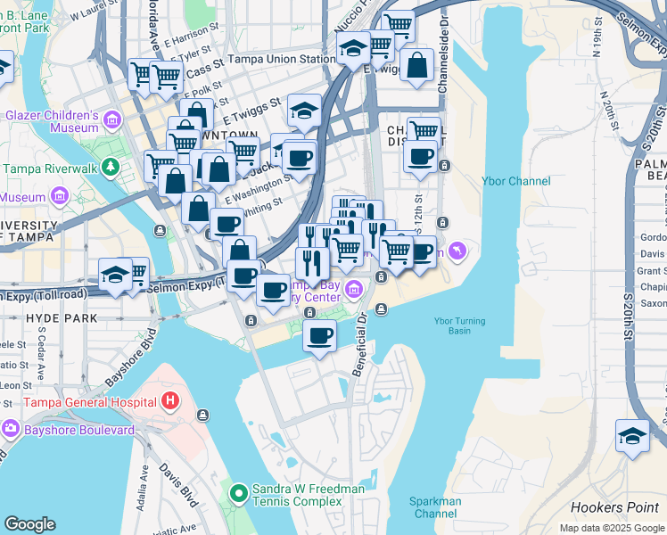 map of restaurants, bars, coffee shops, grocery stores, and more near 509-519 Channelside Drive in Tampa