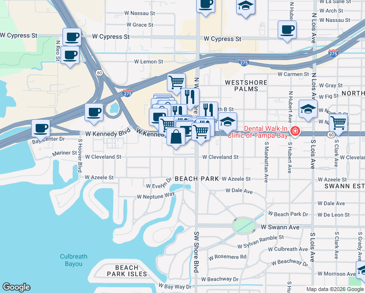 map of restaurants, bars, coffee shops, grocery stores, and more near 4890 West Kennedy Boulevard in Tampa