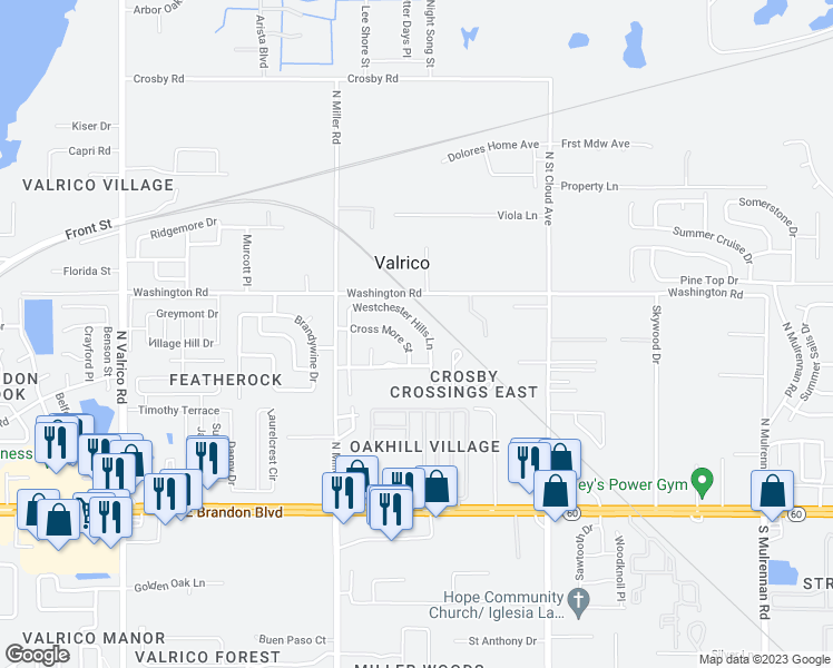 map of restaurants, bars, coffee shops, grocery stores, and more near 453 Westchester Hills Lane in Valrico