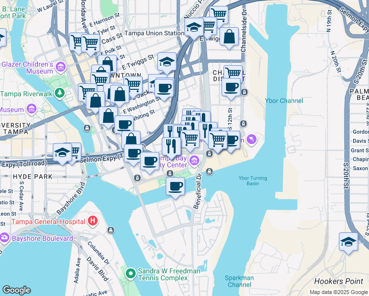 map of restaurants, bars, coffee shops, grocery stores, and more near 1000 Water Street in Tampa