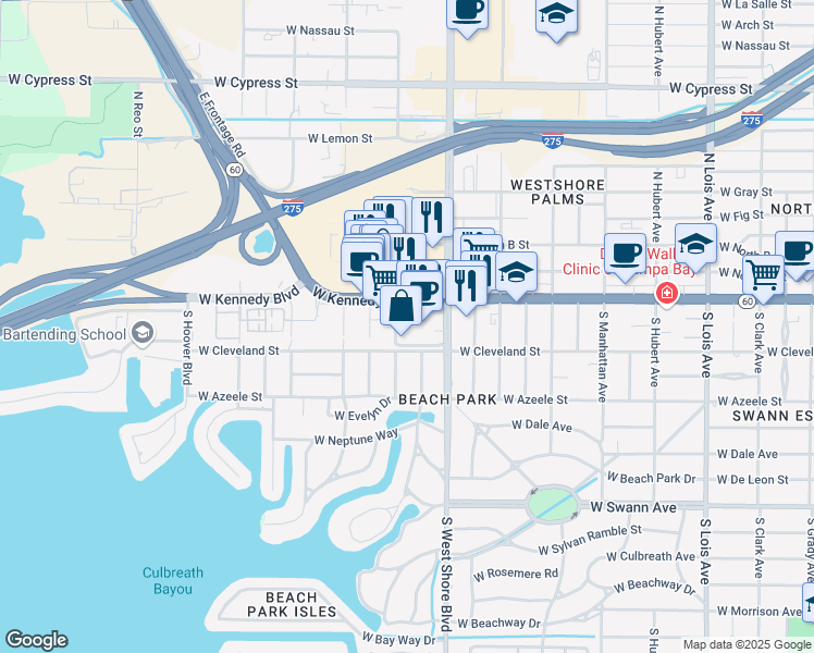 map of restaurants, bars, coffee shops, grocery stores, and more near 4890 West Kennedy Boulevard in Tampa