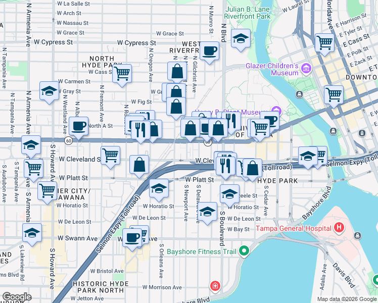 map of restaurants, bars, coffee shops, grocery stores, and more near 121 South Newport Avenue in Tampa