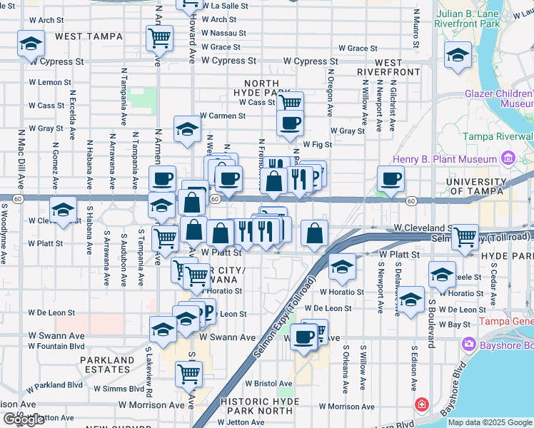 map of restaurants, bars, coffee shops, grocery stores, and more near 119 South Fremont Avenue in Tampa