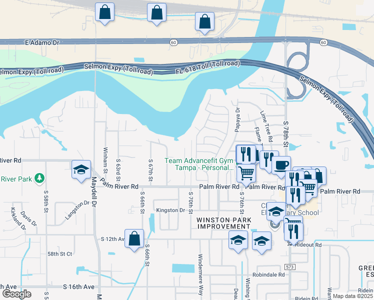 map of restaurants, bars, coffee shops, grocery stores, and more near 703 River Bay Drive in Tampa