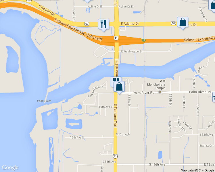 map of restaurants, bars, coffee shops, grocery stores, and more near in Palm River-Clair Mel
