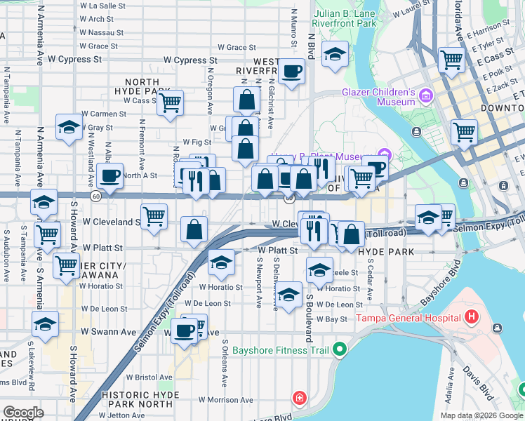 map of restaurants, bars, coffee shops, grocery stores, and more near 121 South Newport Avenue in Tampa