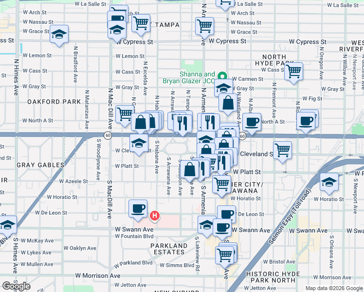 map of restaurants, bars, coffee shops, grocery stores, and more near 115 South Tampania Avenue in Tampa