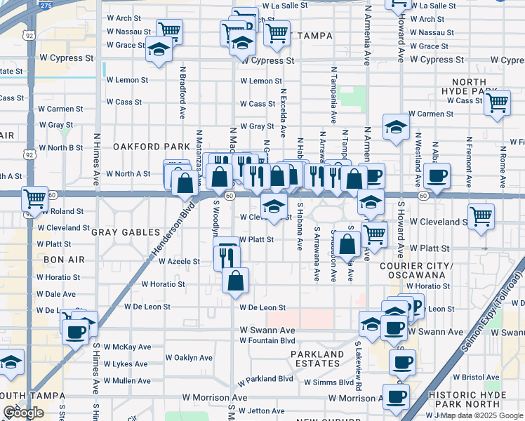map of restaurants, bars, coffee shops, grocery stores, and more near 2907b West Cleveland Street in Tampa