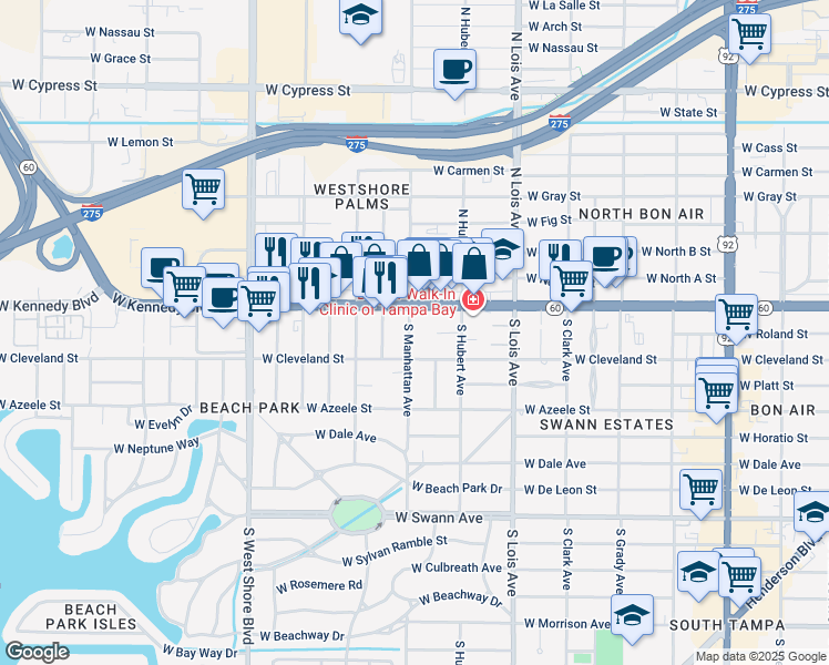 map of restaurants, bars, coffee shops, grocery stores, and more near 4350 West Kennedy Boulevard in Tampa