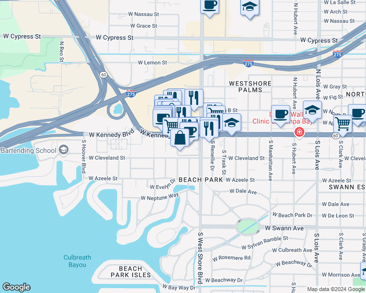 map of restaurants, bars, coffee shops, grocery stores, and more near 4855 West Cleveland Street in Tampa