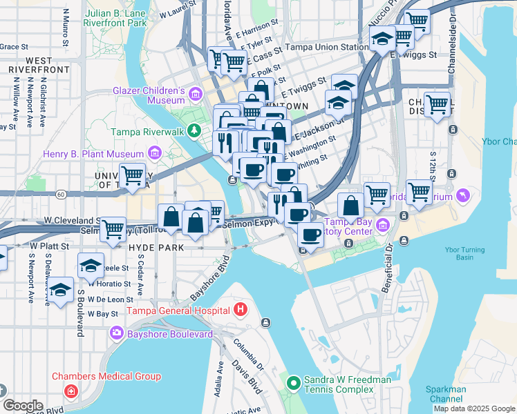 map of restaurants, bars, coffee shops, grocery stores, and more near 100 North Ashley Drive in Tampa