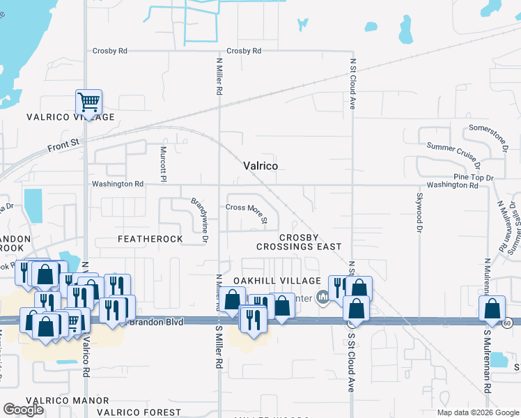 map of restaurants, bars, coffee shops, grocery stores, and more near 2530 Cross More Street in Valrico