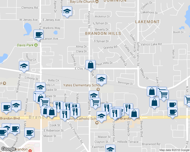 map of restaurants, bars, coffee shops, grocery stores, and more near 609 Oak Ridge Drive in Brandon