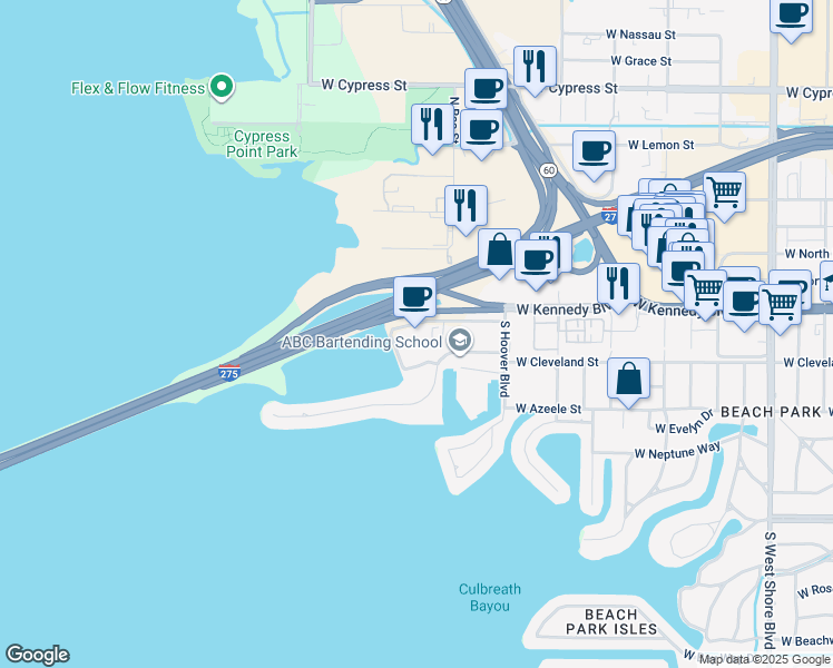map of restaurants, bars, coffee shops, grocery stores, and more near 5426 Bay Center Drive in Tampa
