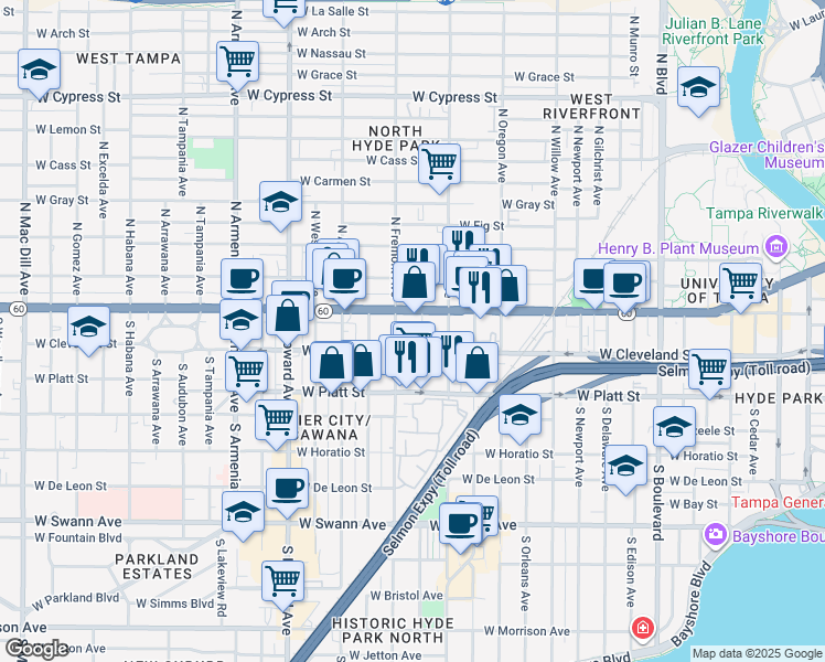 map of restaurants, bars, coffee shops, grocery stores, and more near 1715 West Cleveland Street in Tampa